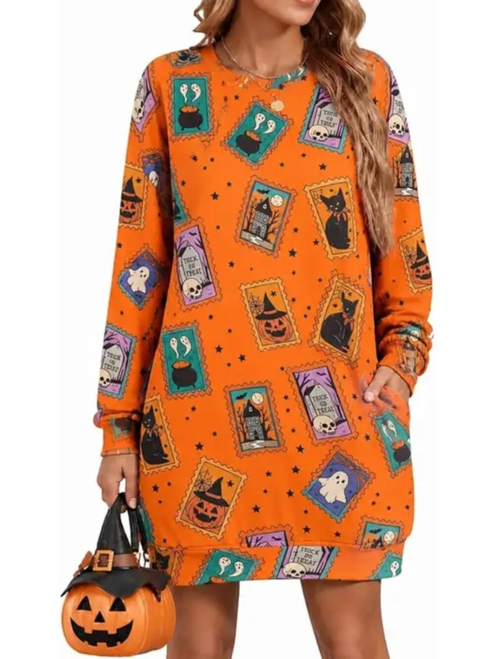 🆕 Women's Orange Halloween Stamp Ghost Pumpkin Cat Sweatshirt Dress Pockets